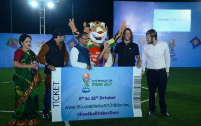 CARLES PUYOL HANDS OVER FIRST TICKET OF FIFA U-17 WORLD CUP INDIA 2017